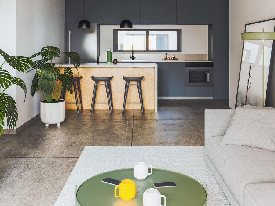 Kitchen and living area in a Paseo Boquerón apartment