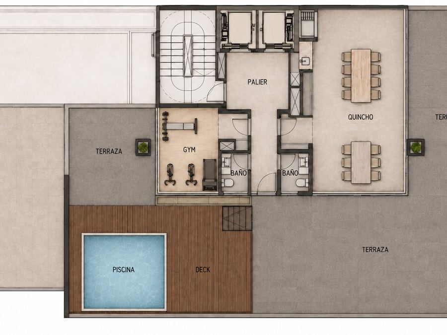 Planta de la azotea de Vivo San José, con piscina, deck, quincho y gimnasio